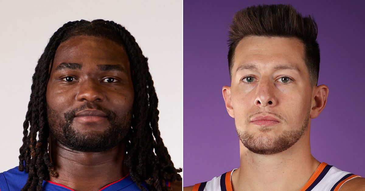 Isaiah Stewart of the NBA's Detroit Pistons, left, was arrested for allegedly assaulting Drew Eubanks of the Phoenix Suns, right.