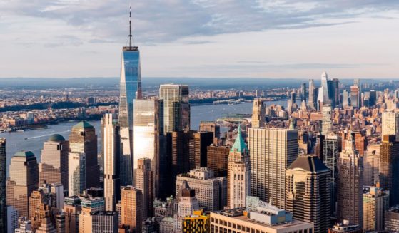 The skyline of downtown New York City is pictured in this stock photo.