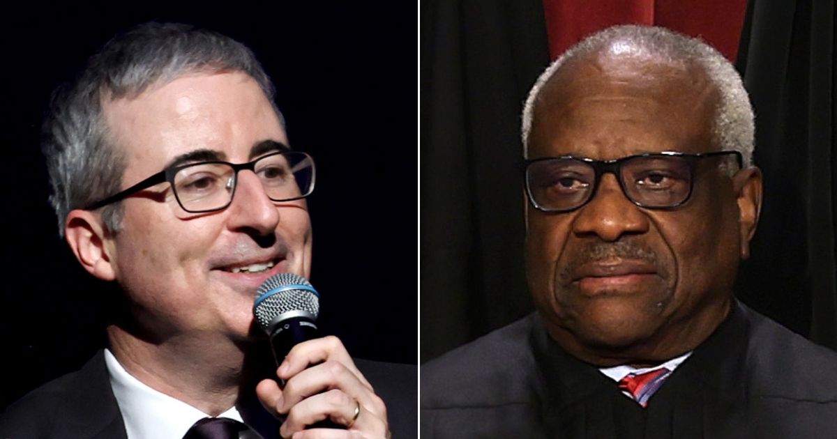 HBO host John Oliver, left, seemingly offered a bribe for Supreme Court Justice Clarence Thomas, right, to retire.
