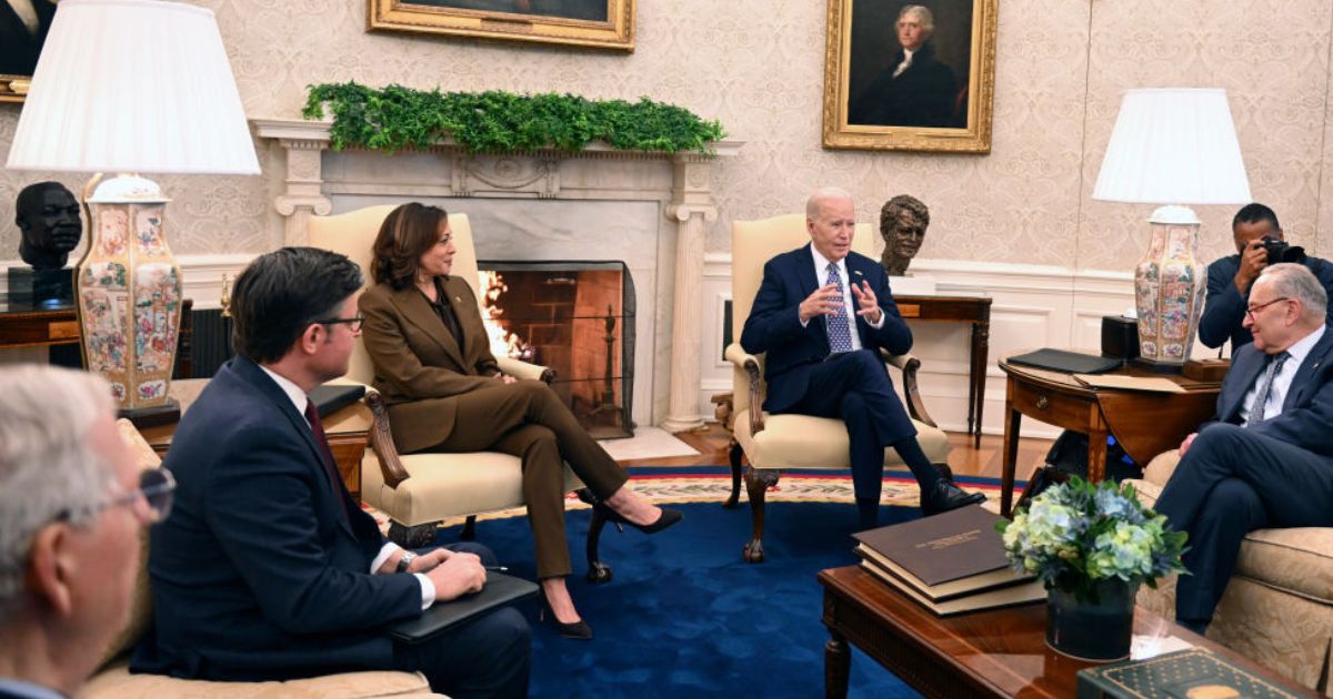 President Joe Biden and Vice President Kamala Harris are seen at Tuesday's White House meeting with Senate Minority Leader Mitch McConnell of Kentucky, left, House Speaker Mike Johnson of Louisiana, and Senate Majority Leader Chuck Schumer of New York, right. Also attending was House Minority Leader Hakeem Jeffries of New York.