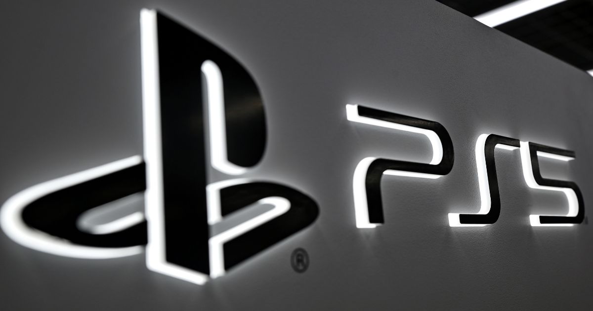 The logo for Sony's PlayStation 5 displayed in an electronics store in Tokyo, Japan.
