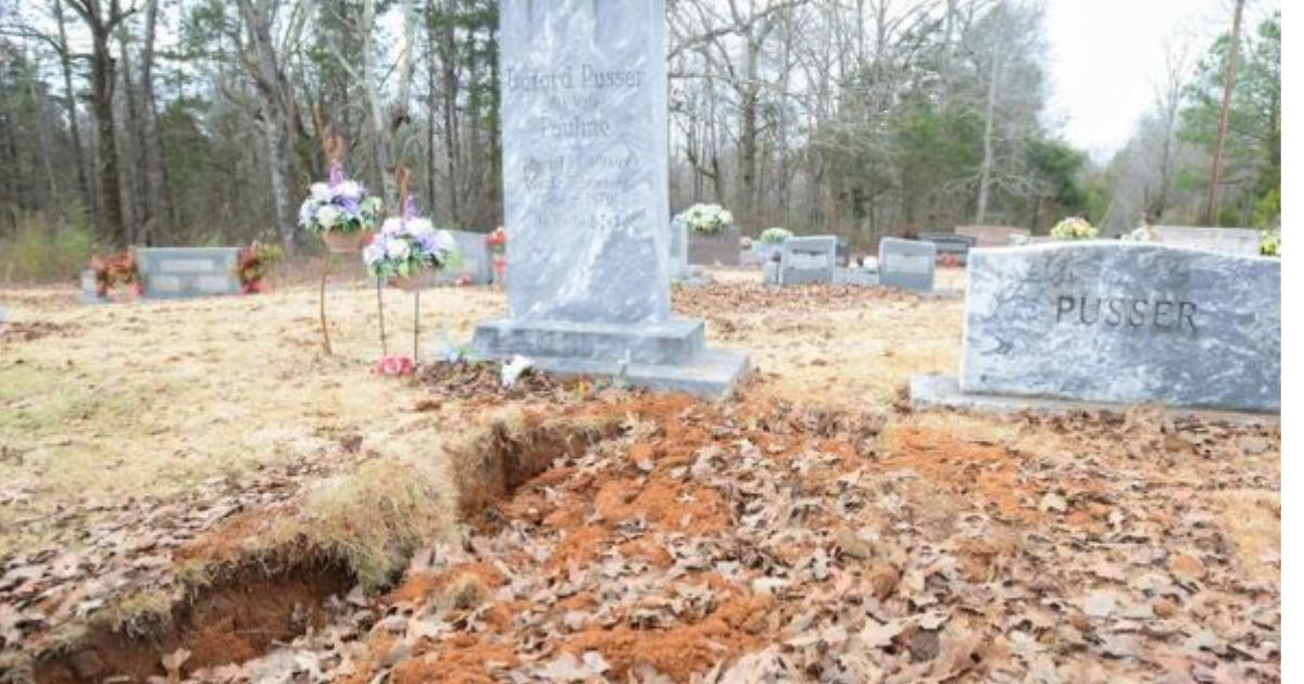 The recently exhumed grave of Pauline Pusser, wife of famed Sheriff Buford Pusser, at Adamsville Cemetery in Adamsville, Tennessee.