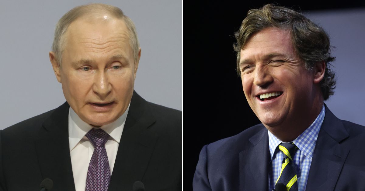 Tucker Carlson, right, announced Tuesday on X that he would be interviewing Russian President Vladimir Putin, left, while he is in Moscow, Russia.