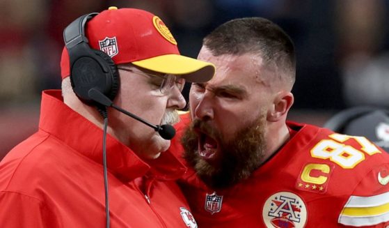 Travis Kelce of the Kansas City Chiefs screams at head coach Andy Reid in the first half of the Super Bowl against the San Francisco 49ers at Allegiant Stadium in Las Vegas on Sunday.