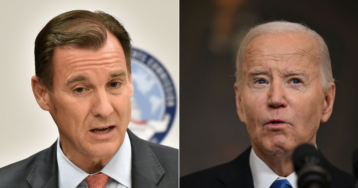 Former New York Democratic Rep. Tom Suozzi, left, appears to be distancing himself from President Joe Biden, right, ahead of Tuesday's special election to replace George Santos.