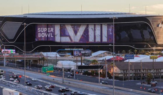An exterior view shows signage for Super Bowl LVIII at Allegiant Stadium in Las Vegas, Nevada. The game will be played on Feb. 11 etween the Kansas City Chiefs and the San Francisco 49ers.