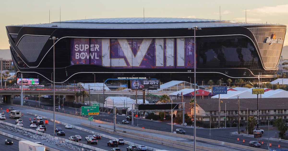 An exterior view shows signage for Super Bowl LVIII at Allegiant Stadium in Las Vegas, Nevada. The game will be played on Feb. 11 etween the Kansas City Chiefs and the San Francisco 49ers.