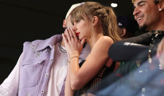Taylor Swift reacts from her box at Super Bowl LVIII in Las Vegas, Nevada, on Sunday.