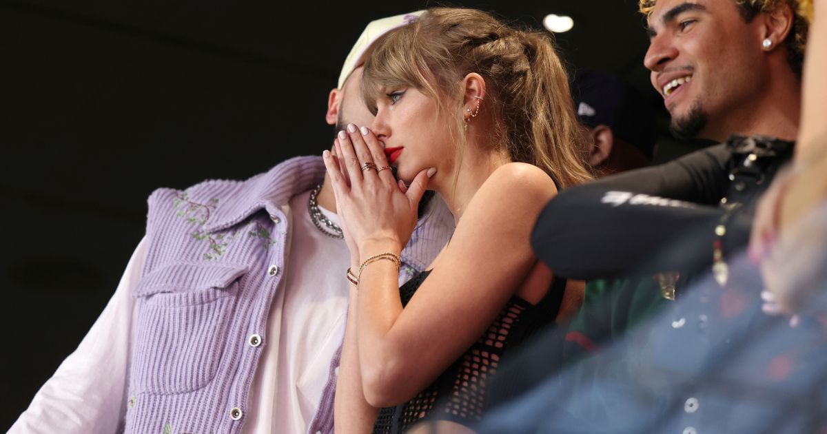 Taylor Swift reacts from her box at Super Bowl LVIII in Las Vegas, Nevada, on Sunday.