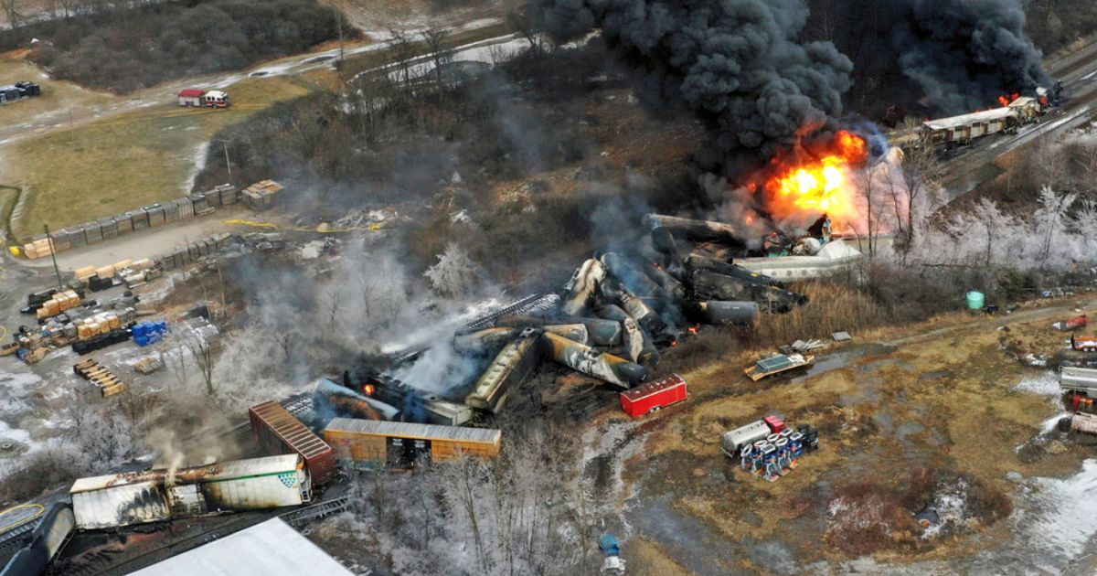 A drone photo shows portions of a Norfolk Southern freight train that derailed Feb. 3, in East Palestine, Ohio.