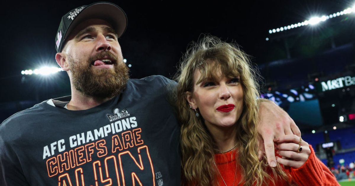 Travis Kelce, of the Kansas City Chiefs, (left) celebrates with Taylor Swift after defeating the Baltimore Ravens in the AFC Championship Game, Jan. 28, in Baltimore, Maryland.