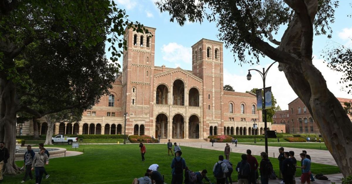 Royce Hall is shown on the campus of University of California at Los Angeles, in Los Angeles, California.