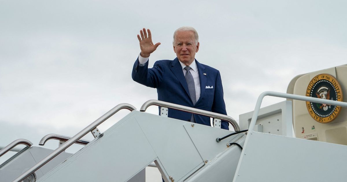 President Joe Biden boards Air Force One at Joint Base Andrews in Maryland in May 2022 as he departs for a weekend in Delaware. This week, aboard Air Force One after Biden's trip to Michigan, the appearance of pizza got people talking.