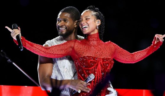 Usher, left, and Alicia Keys, right, perform during Super Bowl LVIII halftime show in Las Vegas, Nevada, on Sunday.