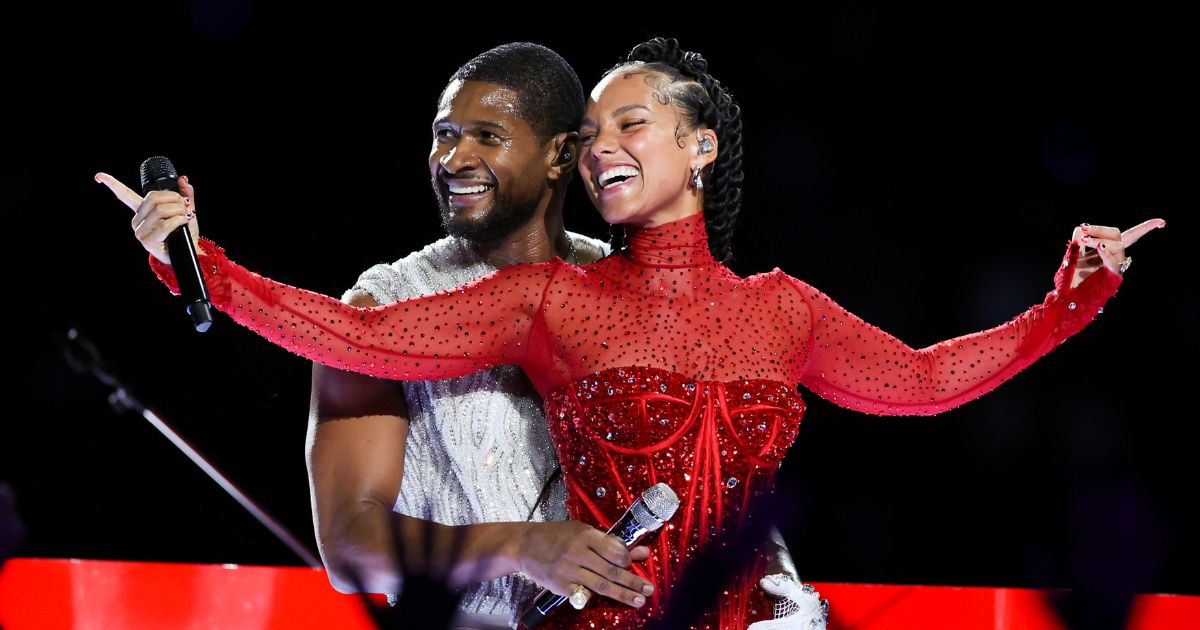 Usher, left, and Alicia Keys, right, perform during Super Bowl LVIII halftime show in Las Vegas, Nevada, on Sunday.