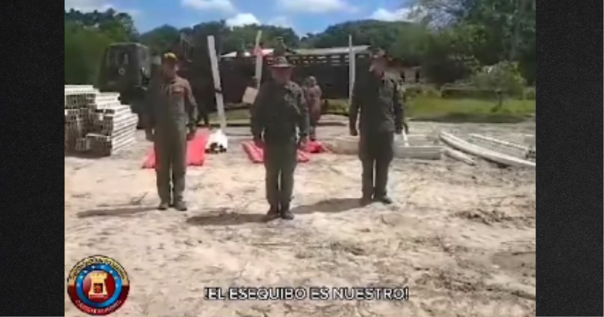 In one scene from a video posted to social media by the Venezuelan National Guard, soldiers stand at attention near construction supplies while subtitles declare, "El Esequibo es nuestro! (Essquibo is ours!)"