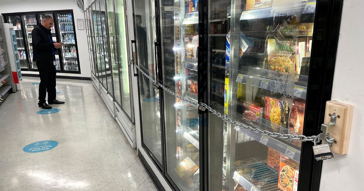 A padlock and chain secure freezer doors in a Walgreens in San Francisco, California, on July 18.