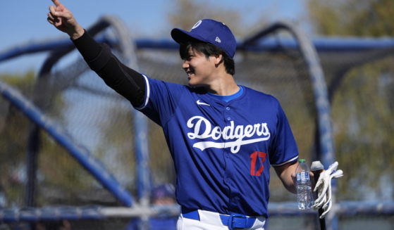Los Angeles Dodgers designated hitter Shohei Ohtani participates in spring training baseball workouts at Camelback Ranch in Phoenix, Arizona, Feb. 16.