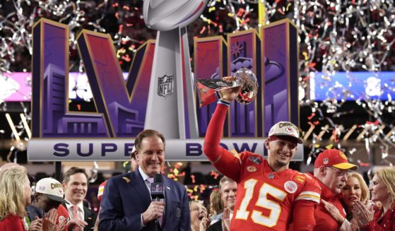 Kansas City Chiefs quarterback Patrick Mahomes celebrates after his team won the Super Bowl against the San Francisco 49ers on Sunday in Las Vegas.