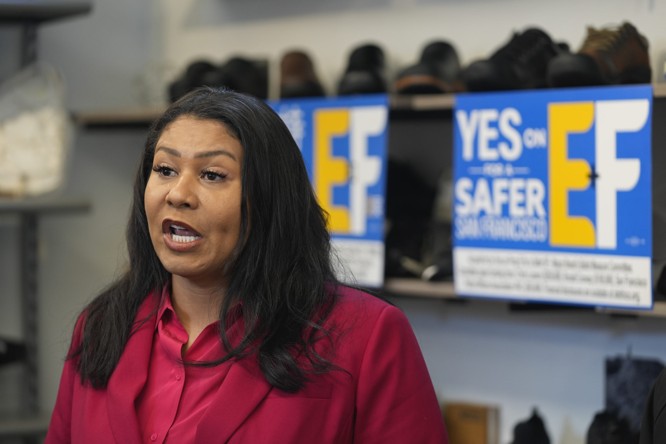 San Francisco Mayor London Breed speaks at a news conference at the Footprint retail store in San Francisco on Jan. 25.