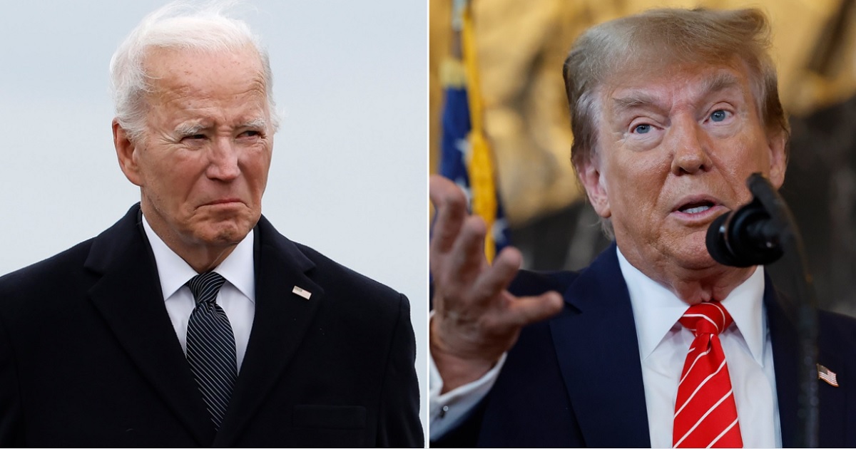 President Joe Biden, left, is pictured at the arrival ceremony Friday in Dover, Delaware, for the bodies of soldiers killed in a terrorist attack in Jordan. Former President Donald Trump, right, is pictured in a Jan. 31 photo in Washington.