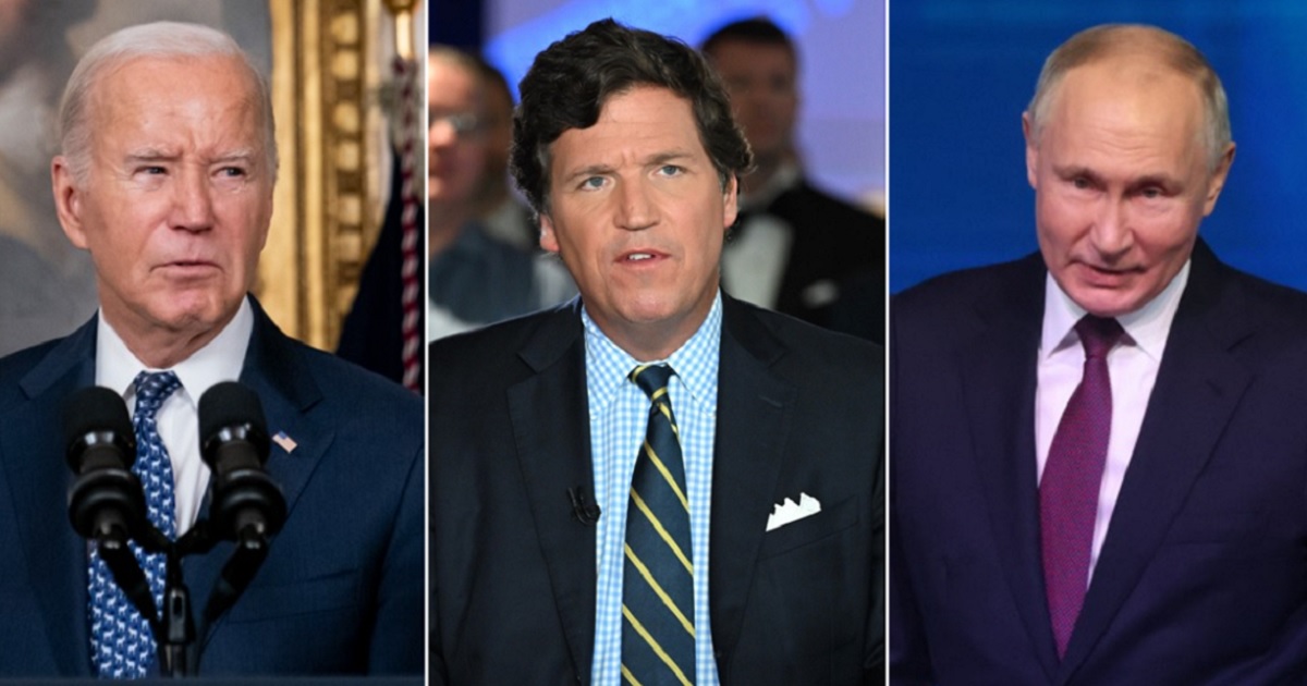 The apparent problems of President Joe Biden, left, with age and cognition have former Fox New host Tucker Carlson, center, comparing Biden unfavorably with Russian President Vladimir Putin, right.