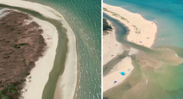 Before and after photos of the Platte River next to Lake Michigan at Sleeping Bear Dunes National Lakeshore in Michigan.