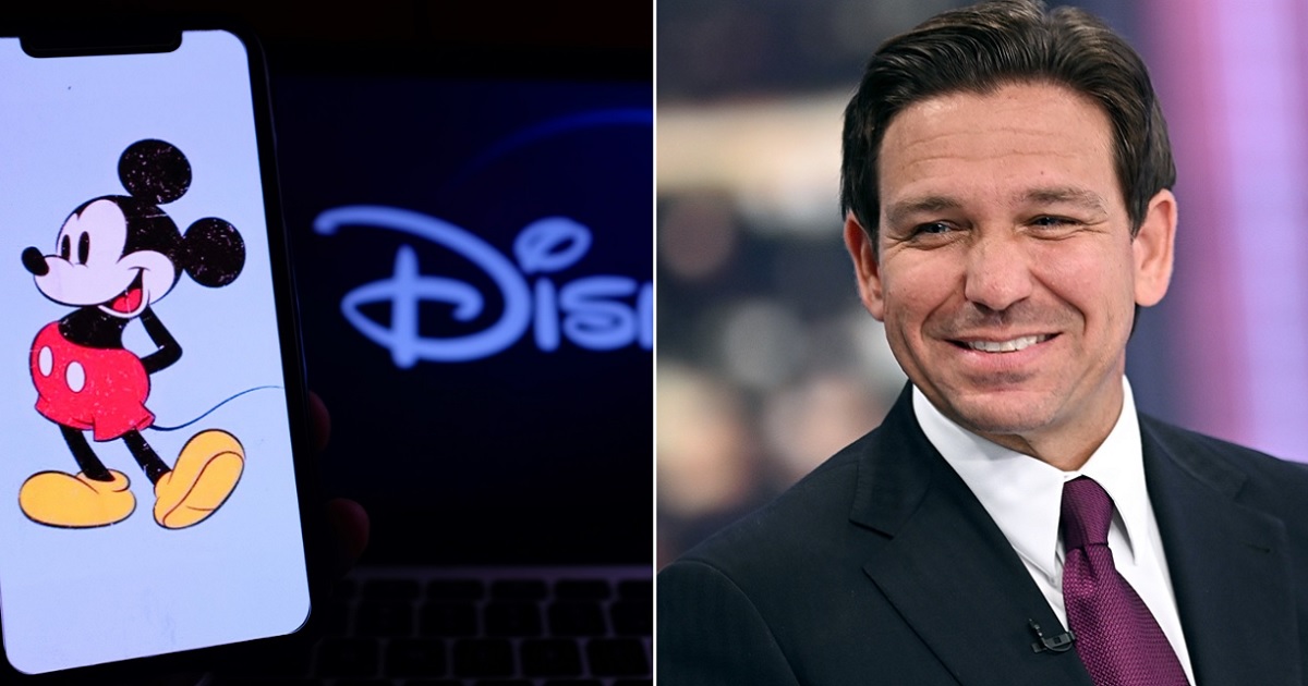 Mickey Mouse and part of the Disney logo, left; Florida Gov. Ron DeSantis, right.