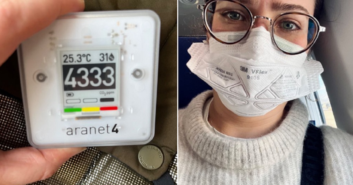 Former journalist Alyssa Edes, right, posted a photo of her Onboard CO2 monitor, left; when she was forced to take a flight on Feb 16.