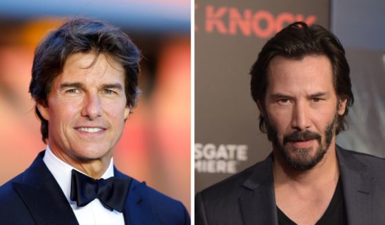 (L) Tom Cruise attends the UK premiere and Royal Film Performance of 'Top Gun: Maverick' in Leicester Square on May 19, 2022 in London, England. (R) Keanu Reeves attends the premiere of "Knock Knock" at TCL Chinese Theatre on October 7, 2015 in Hollywood, California.