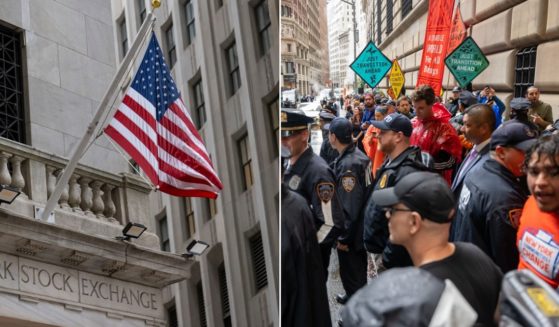 A stock photo of the exterior of the New York Stock Exchange, left, and a protest by climate radicals in New York in September.