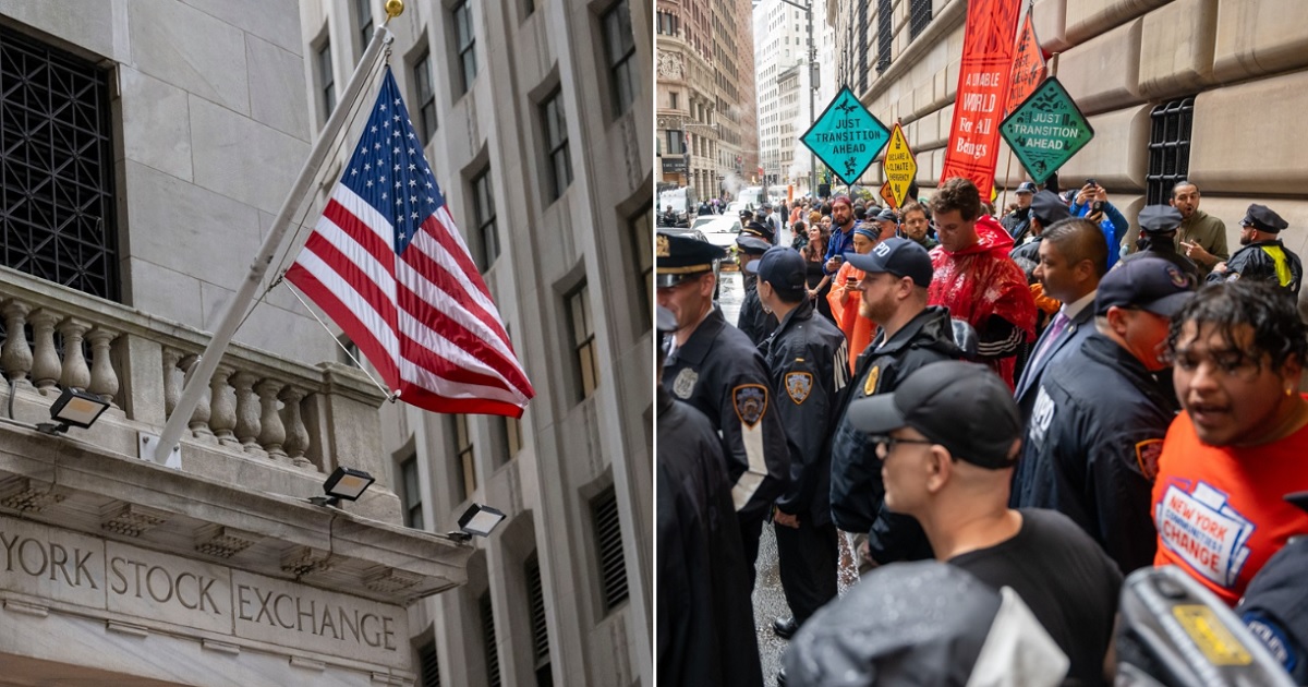 A stock photo of the exterior of the New York Stock Exchange, left, and a protest by climate radicals in New York in September.