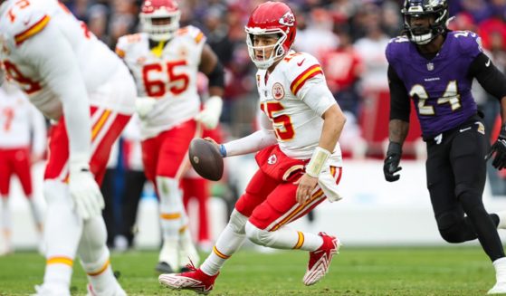 Kansas City Chiefs quarterback Patrick Mahomes scrambles out of the pocket during the Jan. 28 AFC Championship game against the Baltimore Ravens at M&T Bank Stadium in Baltimore.