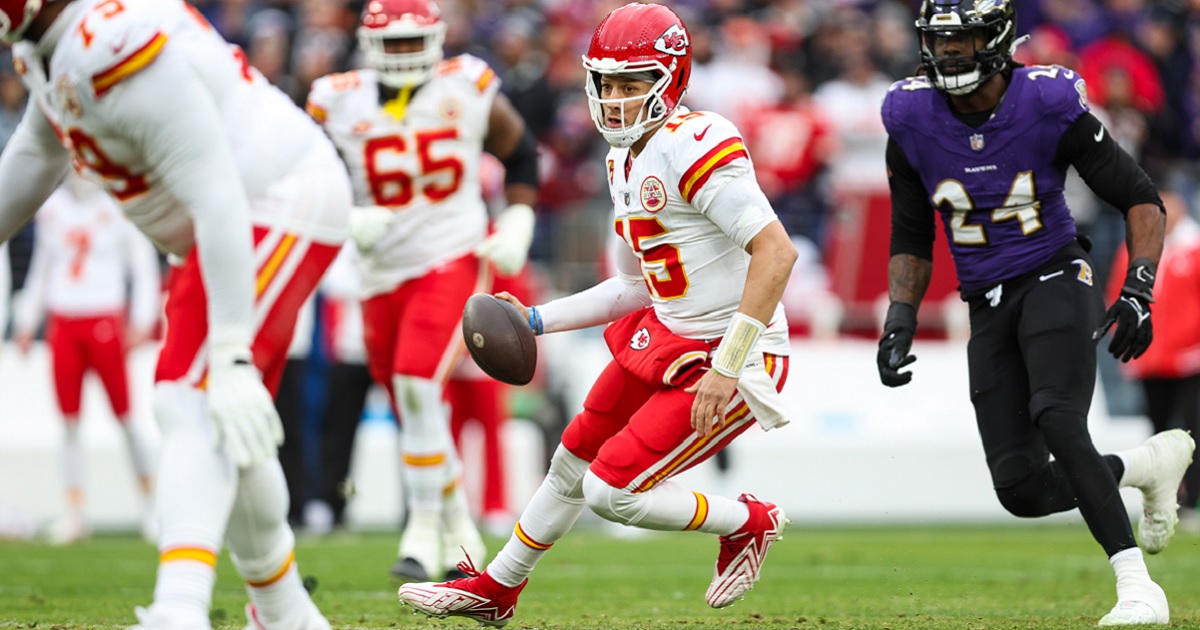 Kansas City Chiefs quarterback Patrick Mahomes scrambles out of the pocket during the Jan. 28 AFC Championship game against the Baltimore Ravens at M&T Bank Stadium in Baltimore.