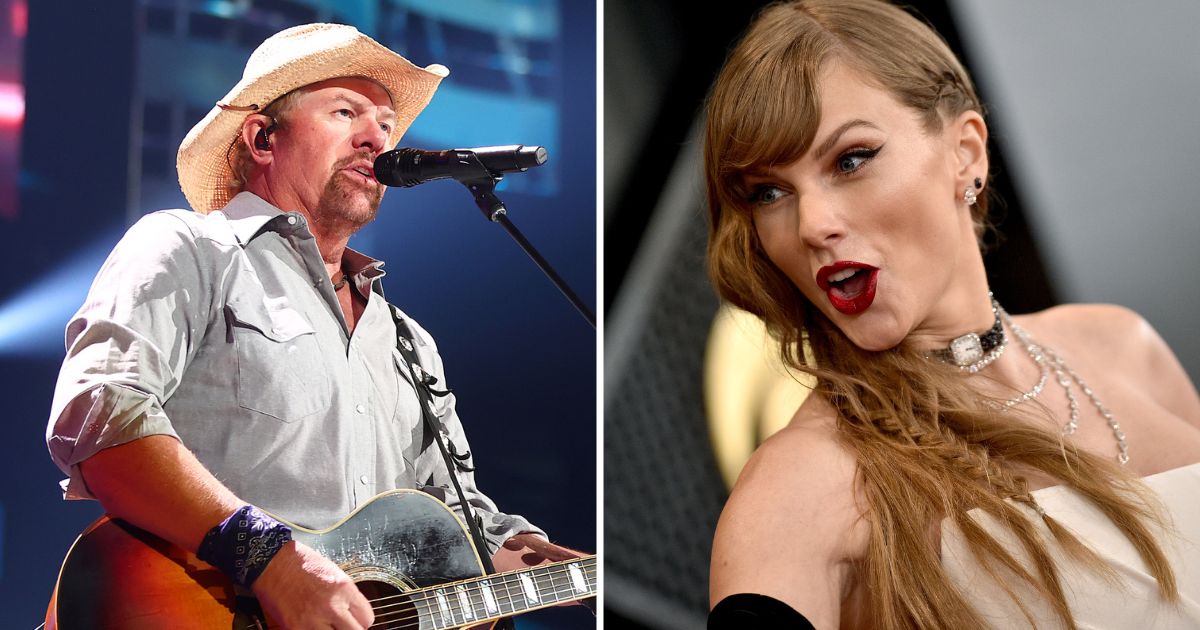 Toby Keith performs on Oct. 30, 2021, in Austin, Texas. Taylor Swift attends the 66th Grammy Awards at Crypto.com Arena on Sunday in Los Angeles.