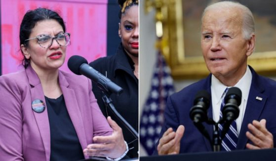 Michigan Democratic Rep. Rashida Tlaib, pictured left in a May file photo in Detroit, is mounting an indirect primary challenge to President Joe Biden, pictured right speaking at the White House on Friday.