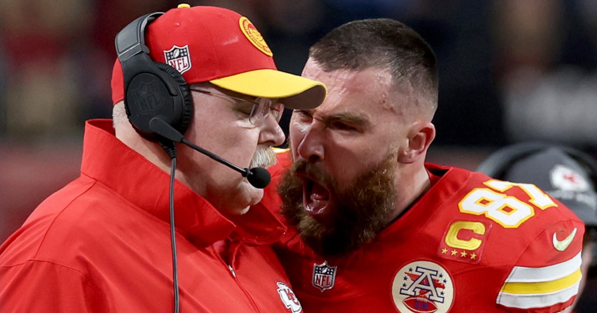 Kansas City Chiefs tight end Travis Kelce screams at head coach Andy Reid during the first half of Sunday's Super Bowl in Las Vegas.