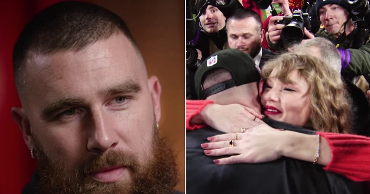 Kansas City Chiefs tight end Travis Kelce, left; right a still of video of Kelce hugging pop star Taylor Swift after the Chiefs won the AFC Championship Jan. 28.