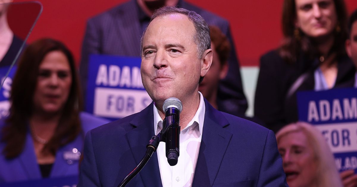 Democratic Senate candidate Rep. Adam Schiff speaks during his primary election night gathering in Los Angeles, California, on Tuesday. Schiff's speech was interrupted by pro-Palestinian protesters, which seemed to rattle of the Senate hopeful.