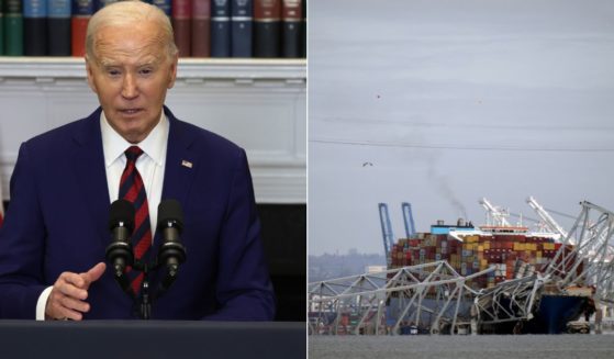President Joe Biden, left, delivers remarks from the White House in Washington, D.C., on the collapse of the Francis Scott Key Bridge, right, in Baltimore, Maryland, on Tuesday.
