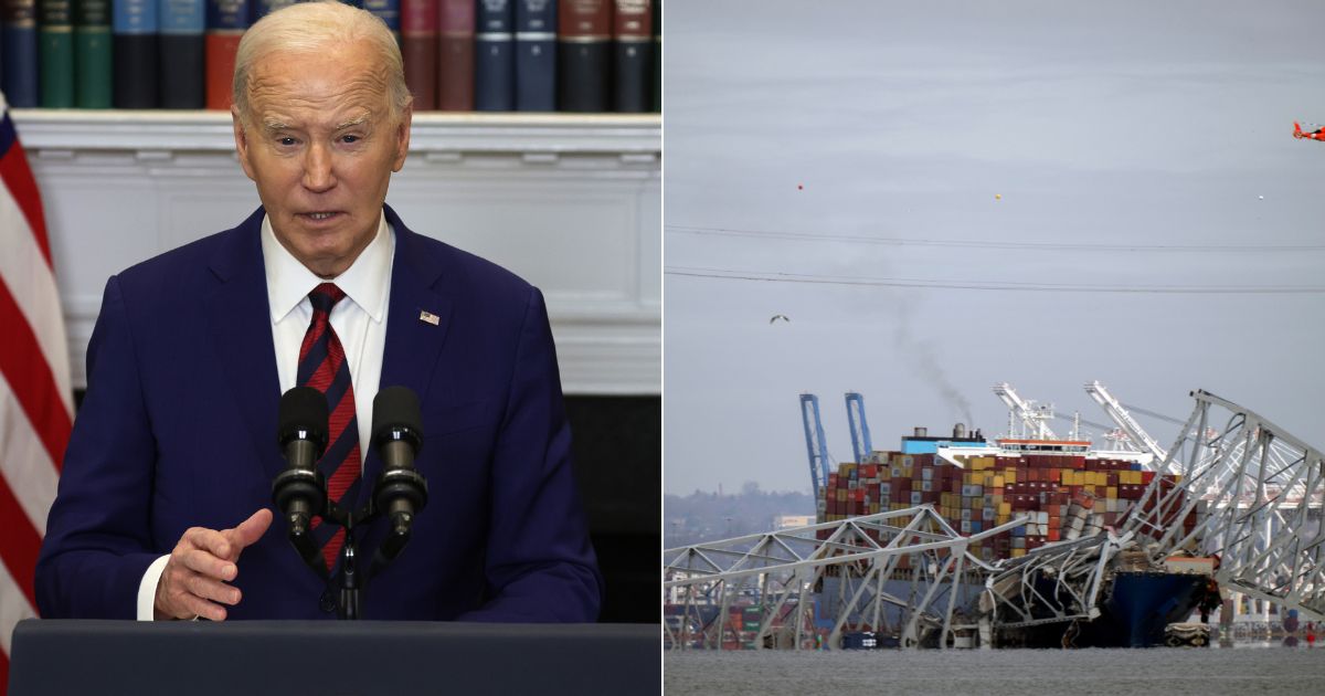 President Joe Biden, left, delivers remarks from the White House in Washington, D.C., on the collapse of the Francis Scott Key Bridge, right, in Baltimore, Maryland, on Tuesday.