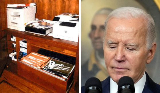 This image, contained in the report from special counsel Robert Hur, shows notebooks in a file cabinet under a printer that were seized in first-floor home office of President Joe Biden in Wilmington, Delaware,on Jan. 20, 2023, during a search by FBI agents. At right is President Joe Biden.