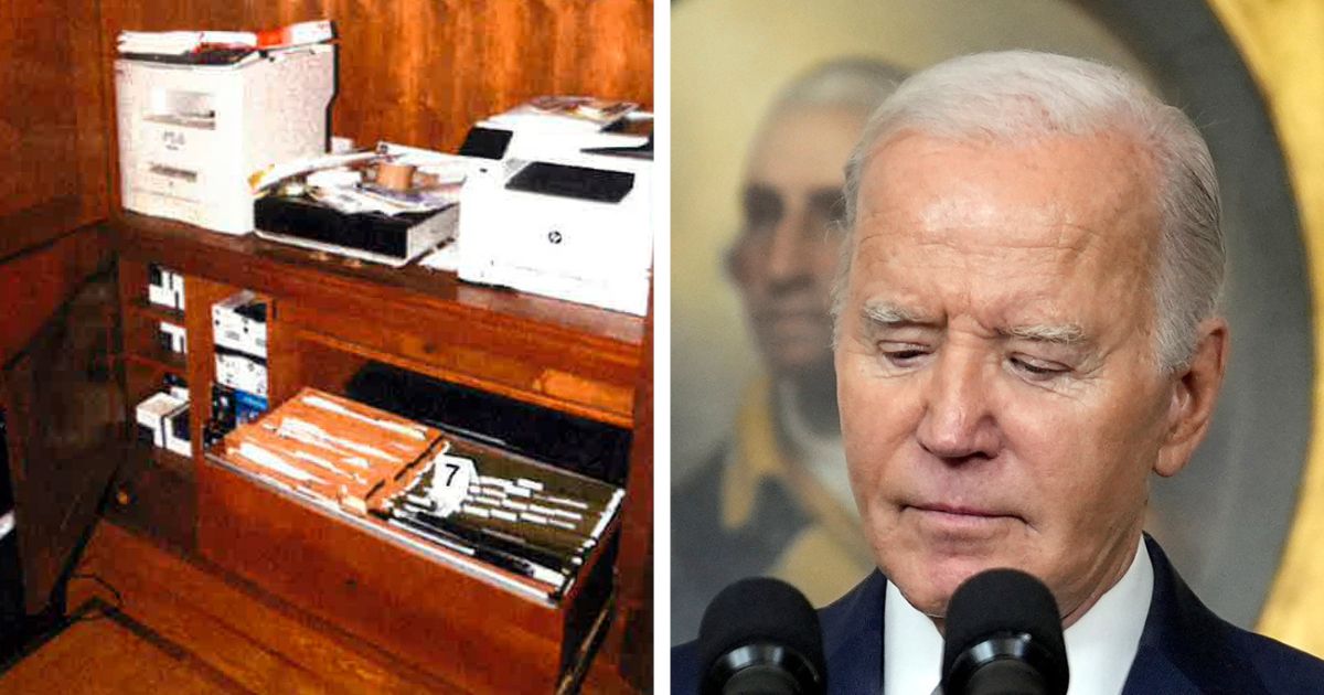 This image, contained in the report from special counsel Robert Hur, shows notebooks in a file cabinet under a printer that were seized in first-floor home office of President Joe Biden in Wilmington, Delaware,on Jan. 20, 2023, during a search by FBI agents. At right is President Joe Biden.