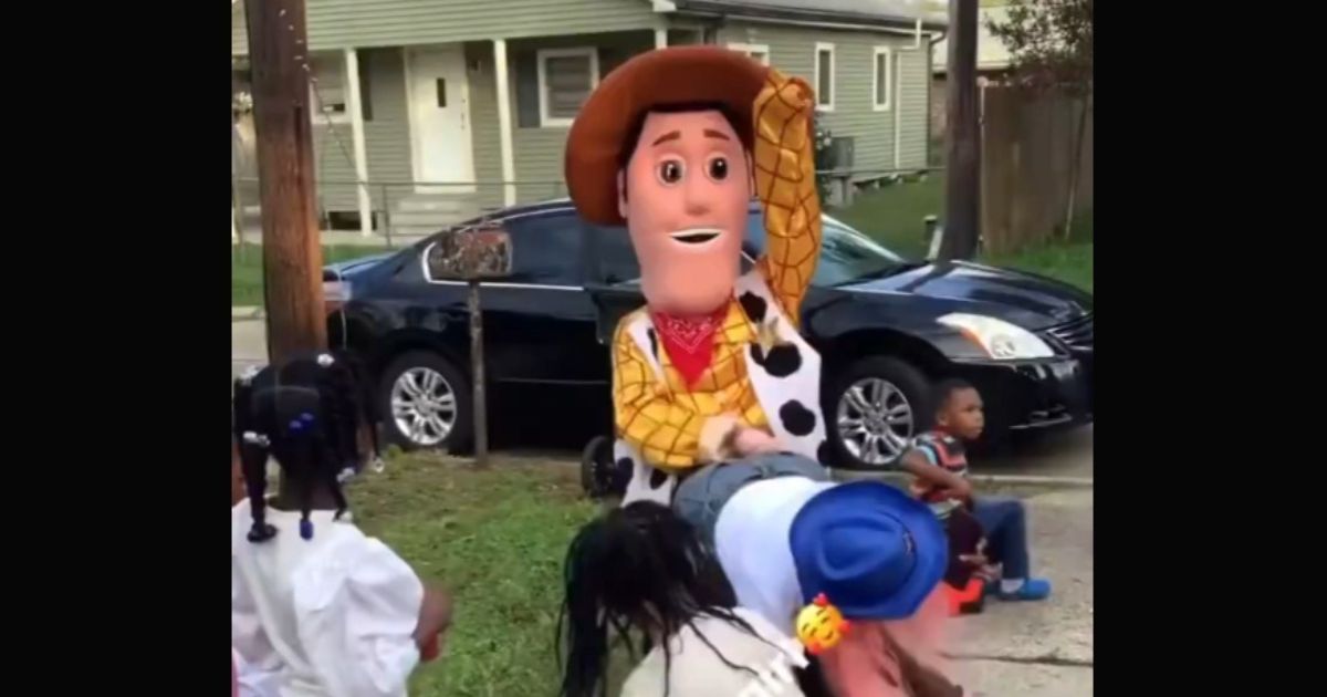 At a New Orleans children’s birthday party, adults began to dance provocatively with costumed mascots of Toy Story‘s Woody and Jesse.
