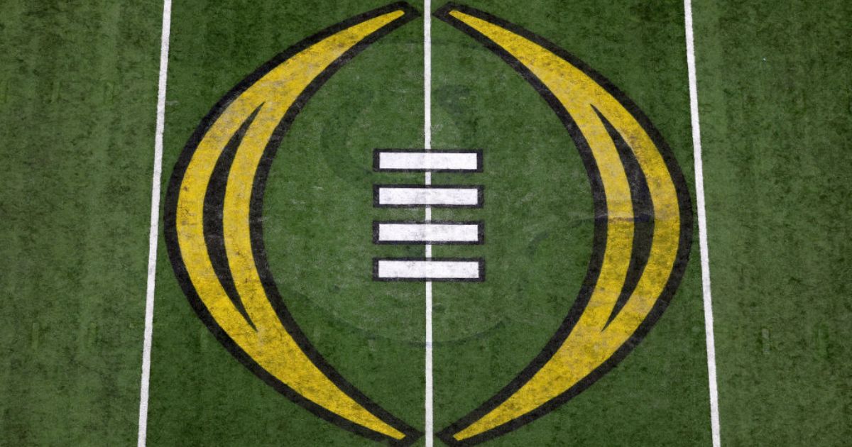 The 2022 CFP National Championship logo is seen on the field before the game between the Georgia Bulldogs and the Alabama Crimson Tide during the 2022 CFP National Championship Game at Lucas Oil Stadium, Jan. 10, 2022, in Indianapolis, Indiana.