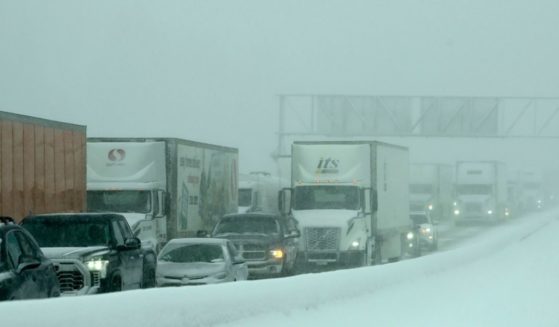 Westbound traffic is backed up Friday on I-80 near the Donner Pass exit in Truckee, California.