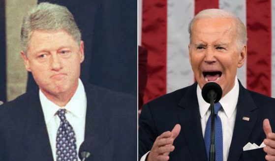 Then-President Bill Clinton, left, is seen giving his State of the Union address on Jan. 24, 1995, while President Joe Biden is seen at right giving his State of the Union address on Feb. 7, 2023.