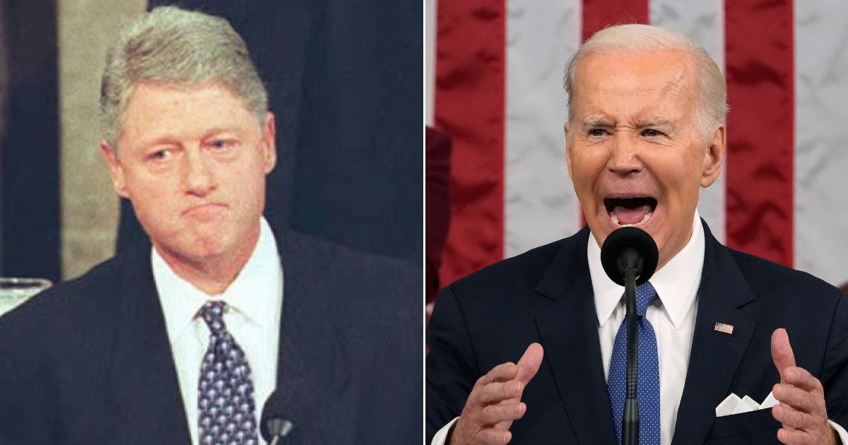 Then-President Bill Clinton, left, is seen giving his State of the Union address on Jan. 24, 1995, while President Joe Biden is seen at right giving his State of the Union address on Feb. 7, 2023.