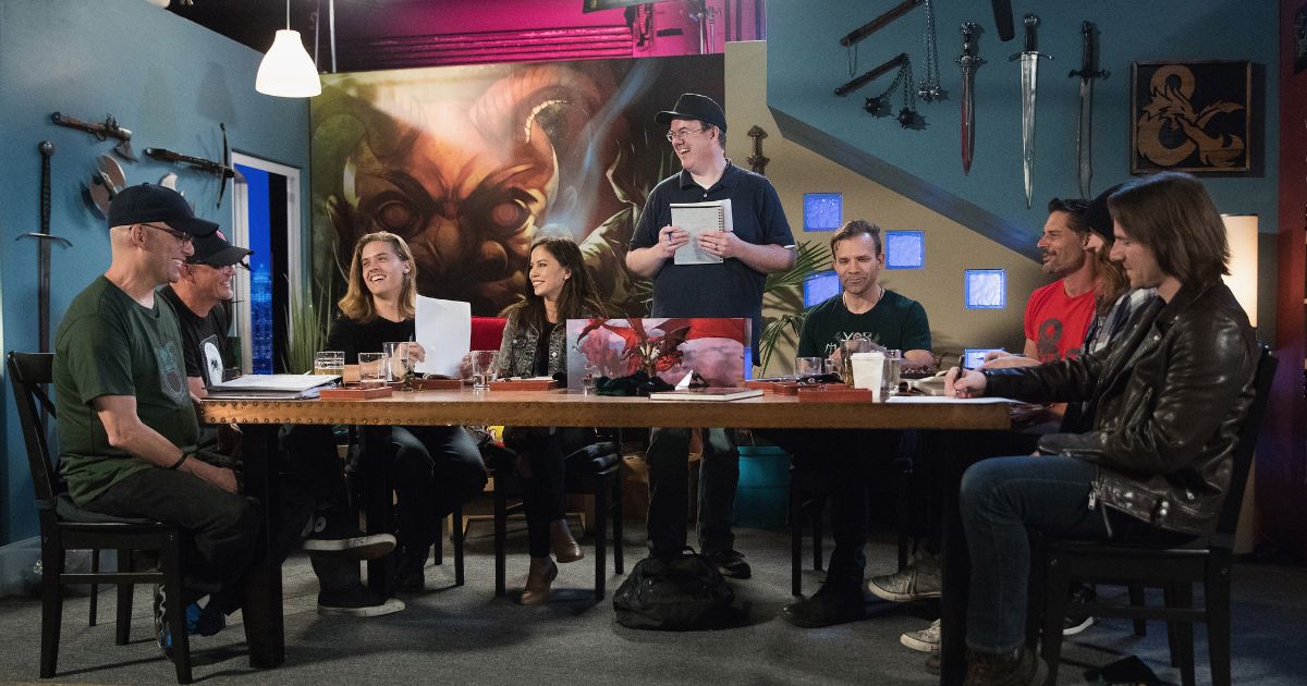Celebrities circle around a table to play Dungeons & Dragons together at The House Studios in 2017.