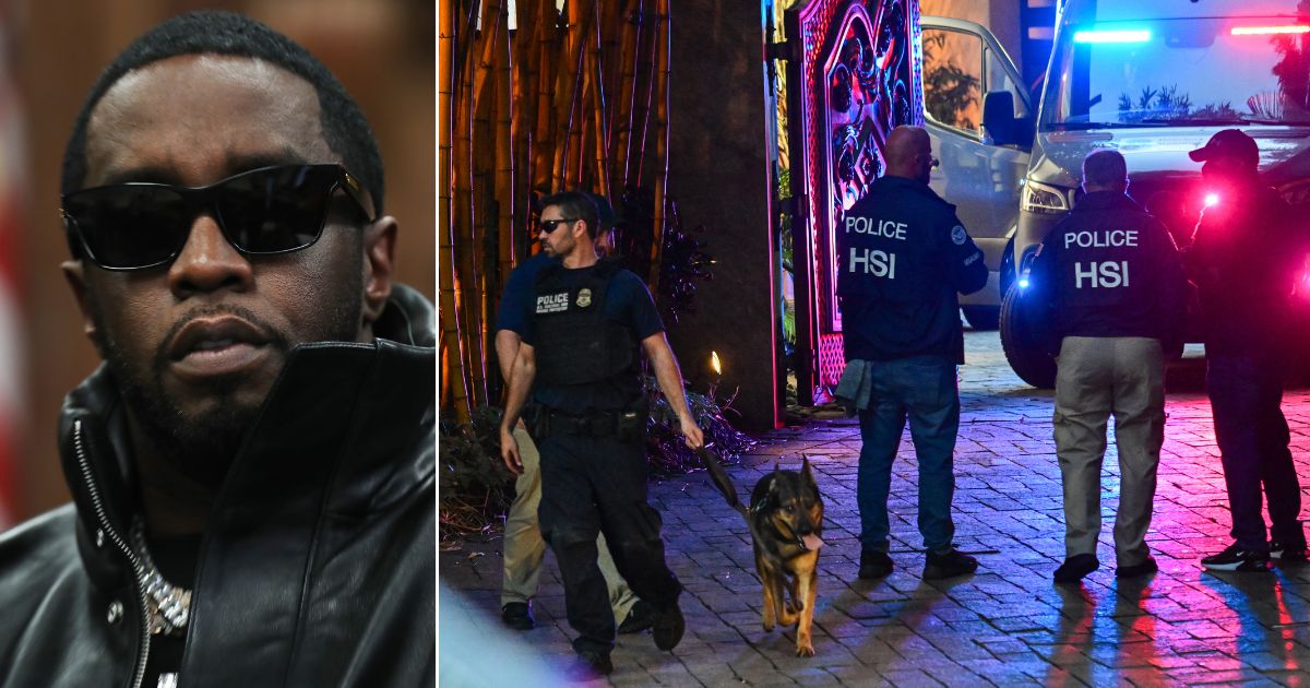 At right, Homeland Security Investigation agents are seen outside the home of musician and producer Sean "Diddy" Combs, left, on Star Island in Miami Beach, Florida, on Monday.
